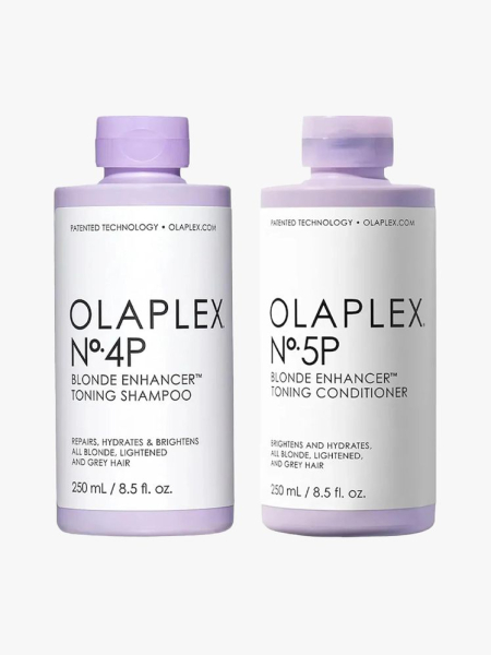 Olaplex No. 4P Blonde Enhancer Toning Shampoo and No. 5P Blonde Enhancer Toning Conditioner in branded bottle components on a light gray background