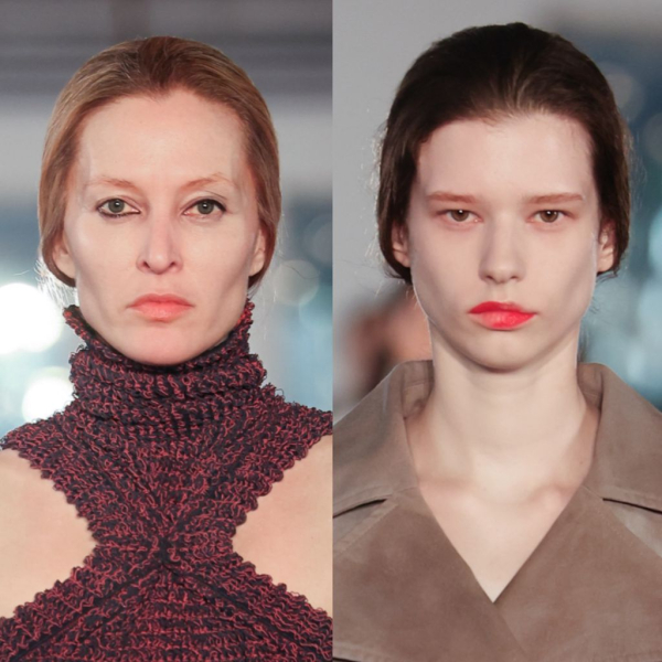 Two models with their hair pulled back and uneven makeup